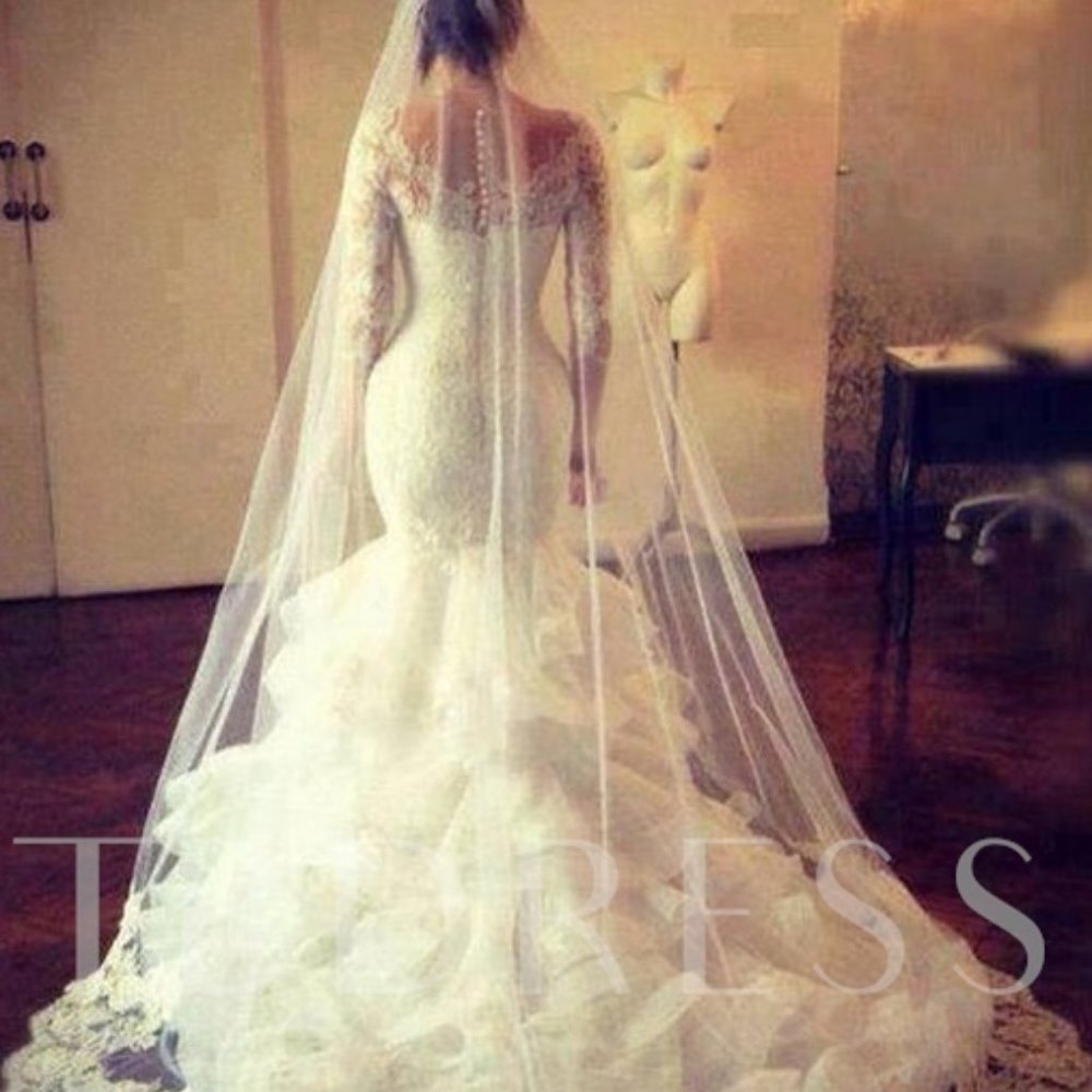 Cascading Ruffles Lace Mermaid Wedding Dress with